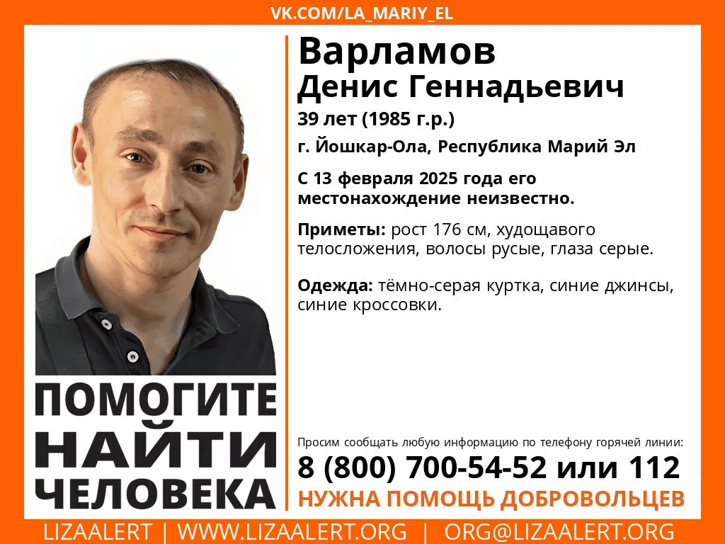 В Йошкар-Оле волонтеры Лиза Алерт разыскивают 39-летнего мужчину
